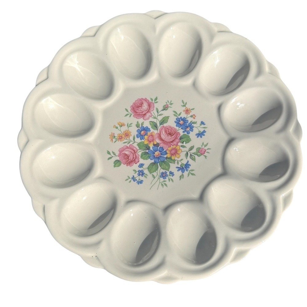 Vintage E&R American Artware Floral Deviled Egg Serving Platter 9.25 Inch